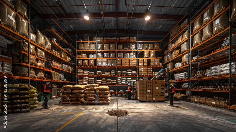 A large warehouse with stacked shelves filled with boxes and bags. Workers can be seen moving about the space. A large warehouse with stacked shelves filled with boxes and bags. Workers can be seen moving about the space.