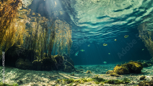 Underwater view of a serene freshwater ecosystem with aquatic plants and fish