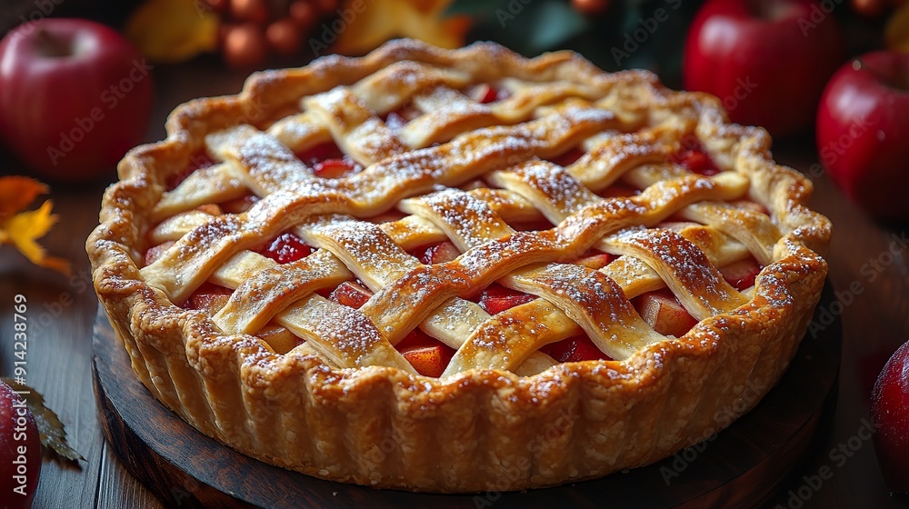 A detailed shot of a Thanksgiving apple pie with a lattice crust