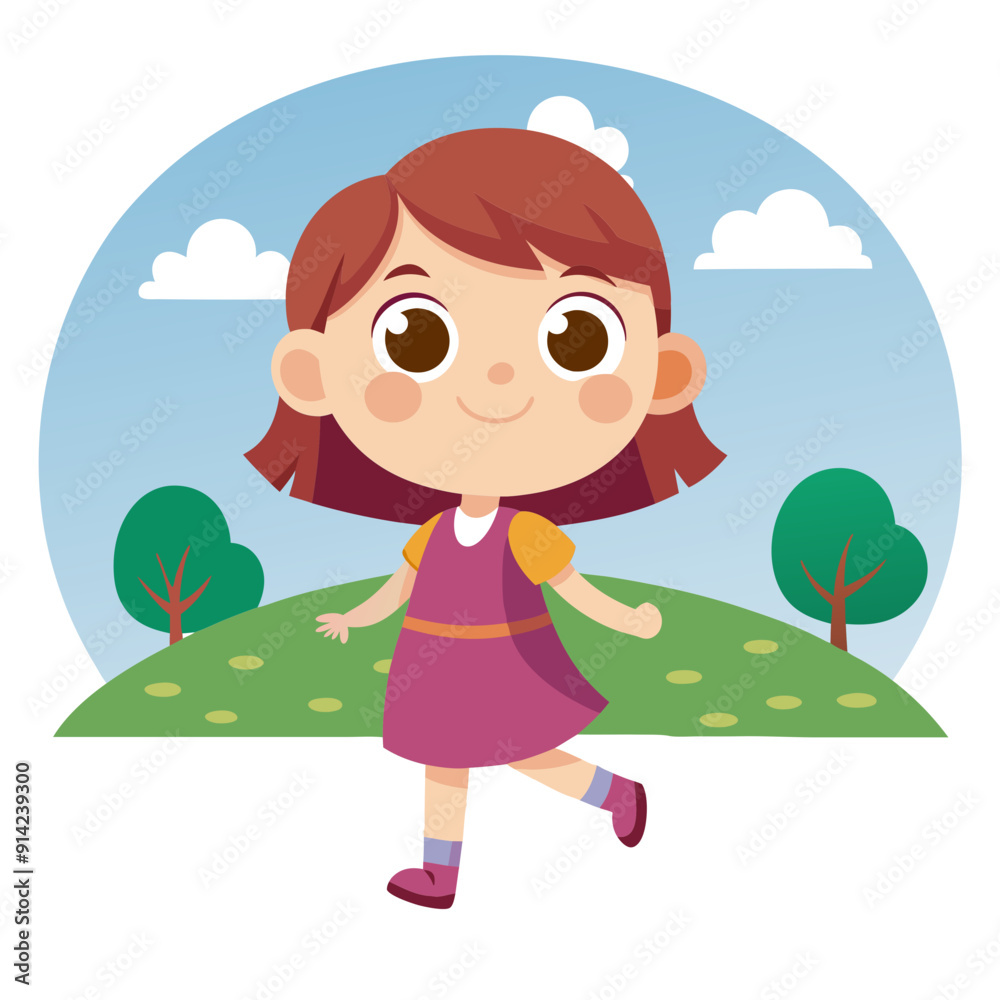 Cute little girl walking on the road. Isolated vector illustration. Cute little girl walking on the road. Isolated vector illustration.