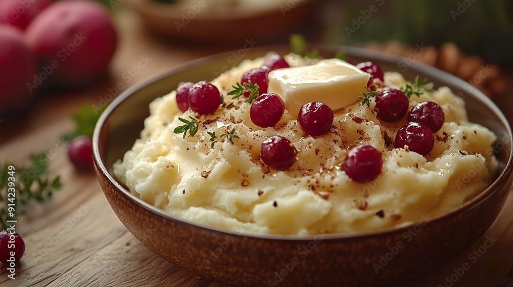A detailed shot of a Thanksgiving mashed potato dish with butter melting on top A detailed shot of a Thanksgiving mashed potato dish with butter melting on top