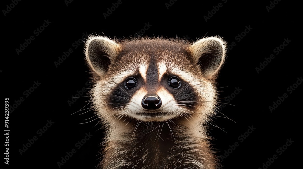 Close-up portrait of a cute baby raccoon looking directly at the camera with a curious expression.