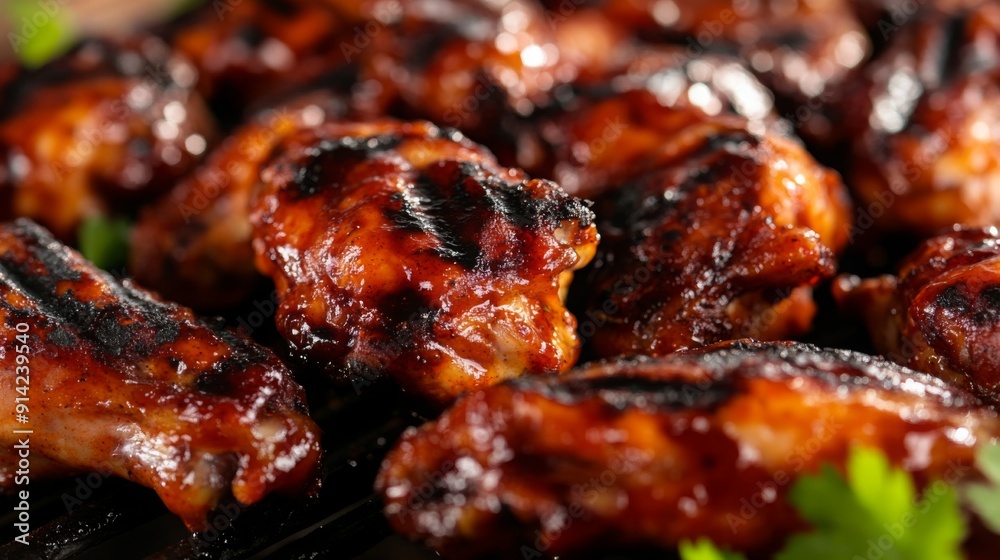 Juicy chicken wings are grilled to perfection and coated with a rich barbecue glaze, served at a summer gathering. Juicy chicken wings are grilled to perfection and coated with a rich barbecue glaze, served at a summer gathering.