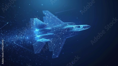 fighter jet in flight from blue abstract polygonal dots. Low poly fighter in motion, lines and connected to form, illustration.