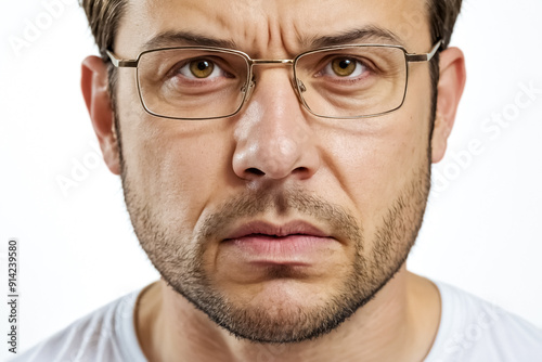 Close-up portrait of a young man with glasses looking skeptical