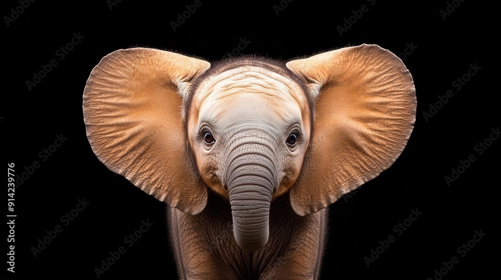 Close-up portrait of a baby elephant with large ears against a black background.