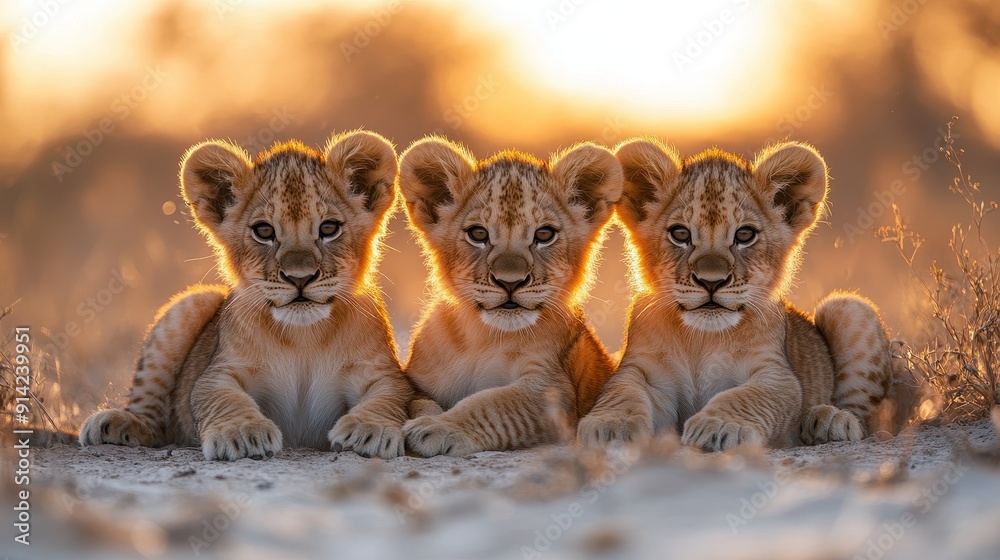 Obraz premium Family of lion cubs sitting together in the desert at sunset, posing for animal portrait, warm light highlighting their golden fur and playful expressions, looking directly into the camera 