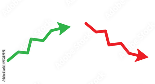 Graph going Up and Down sign with green and red arrows vector. Flat design vector illustration concept of sales bar chart symbol icon with arrow moving down and sales bar chart with arrow moving up.