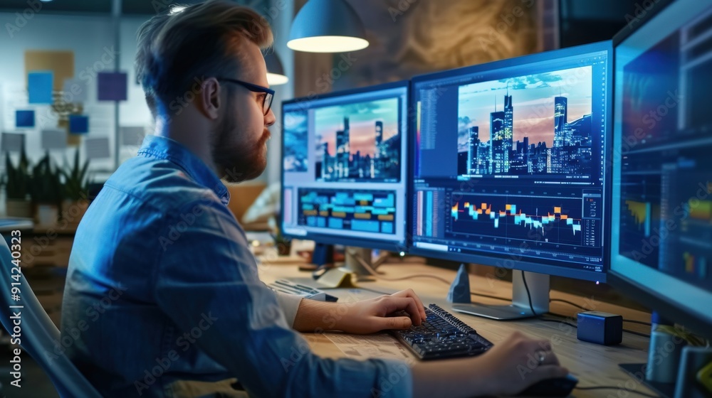 A man focused on multiple computer screens displaying financial data. He's working late into the night, analyzing market trends and strategizing investments. A man focused on multiple computer screens displaying financial data. He's working late into the night, analyzing market trends and strategizing investments.