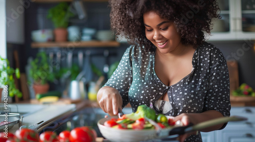 Full-Figured Woman Enjoying Cooking in Stylish Kitchen