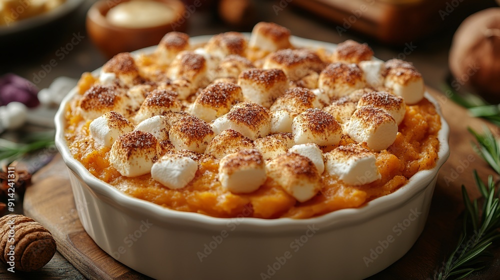 A detailed shot of a Thanksgiving sweet potato casserole with marshmallows A detailed shot of a Thanksgiving sweet potato casserole with marshmallows