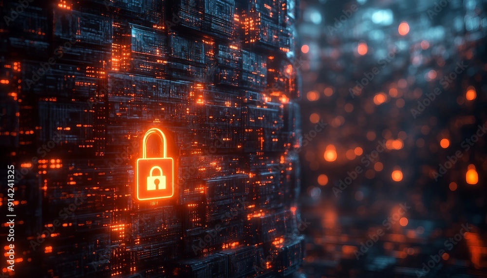 Fototapeta premium Regulatory Documentation and Enhanced Data Security Measures, scene featuring a stack, digital padlock and security symbols