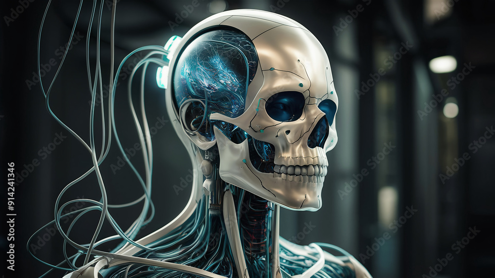 ai nervous system , technology of the future, cybergod, robotics, metalic skull ai nervous system , technology of the future, cybergod, robotics, metalic skull