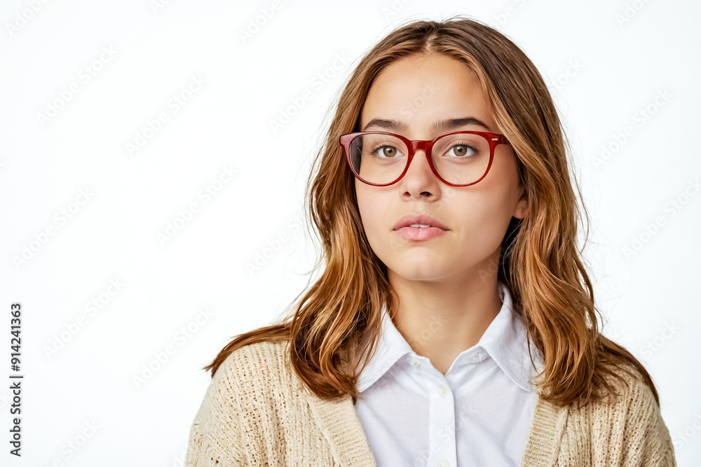 Young Woman Wearing Red Glasses and a Knitted Cardigan Young Woman Wearing Red Glasses and a Knitted Cardigan