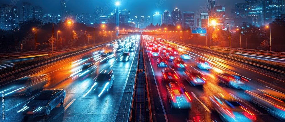 Obraz premium Panoramic blur of highway, moving cars, abstract shapes.