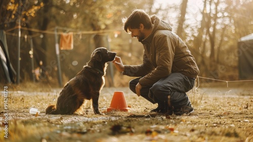 A man trains his dog in an outdoor setting, using a treat and a cone. The man is kneeling, while the dog sits and looks at him expectantly.