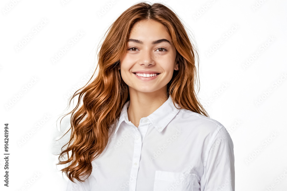 Portrait of a smiling woman with long brown hair and a white shirt Portrait of a smiling woman with long brown hair and a white shirt
