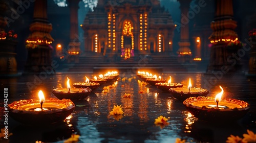 A detailed shot of an Indian temple illuminated with diyas and lights for Diwali