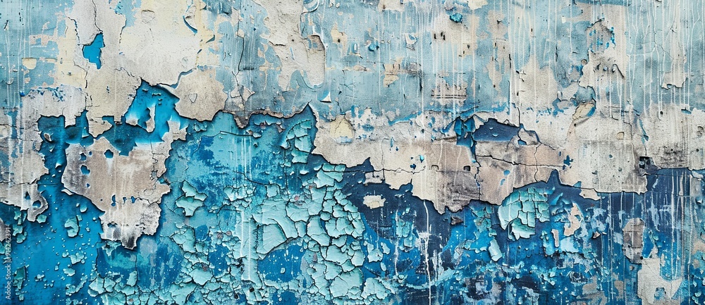 A wall with blue paint peeling off