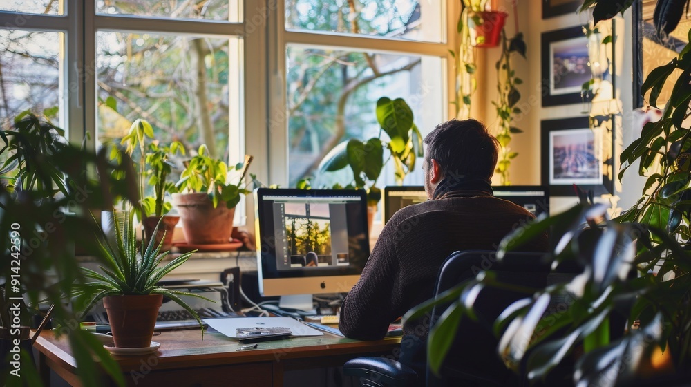 A man works at his computer in a home office filled with plants and natural light. A man works at his computer in a home office filled with plants and natural light.
