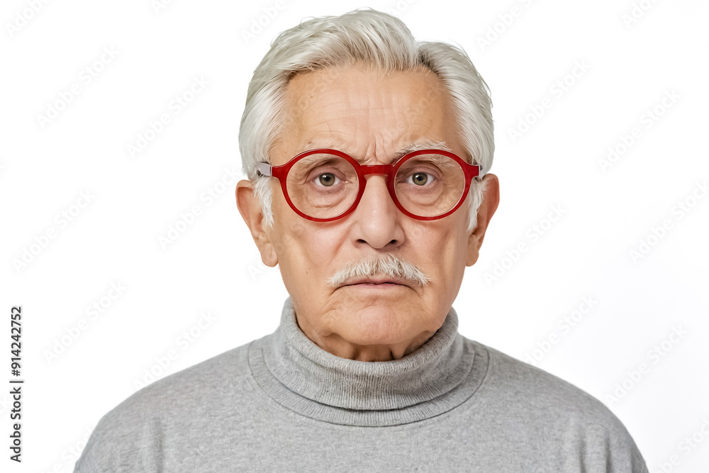Senior man with white hair and red glasses looking at camera Senior man with white hair and red glasses looking at camera