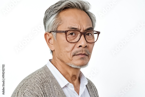 Serious Senior Man in Glasses Looking to Camera