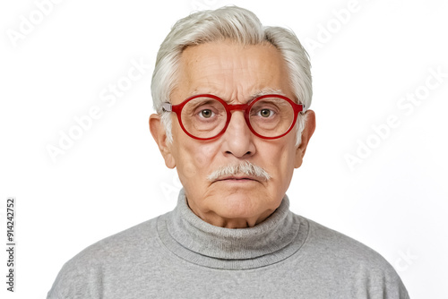 Senior man with white hair and red glasses looking at camera