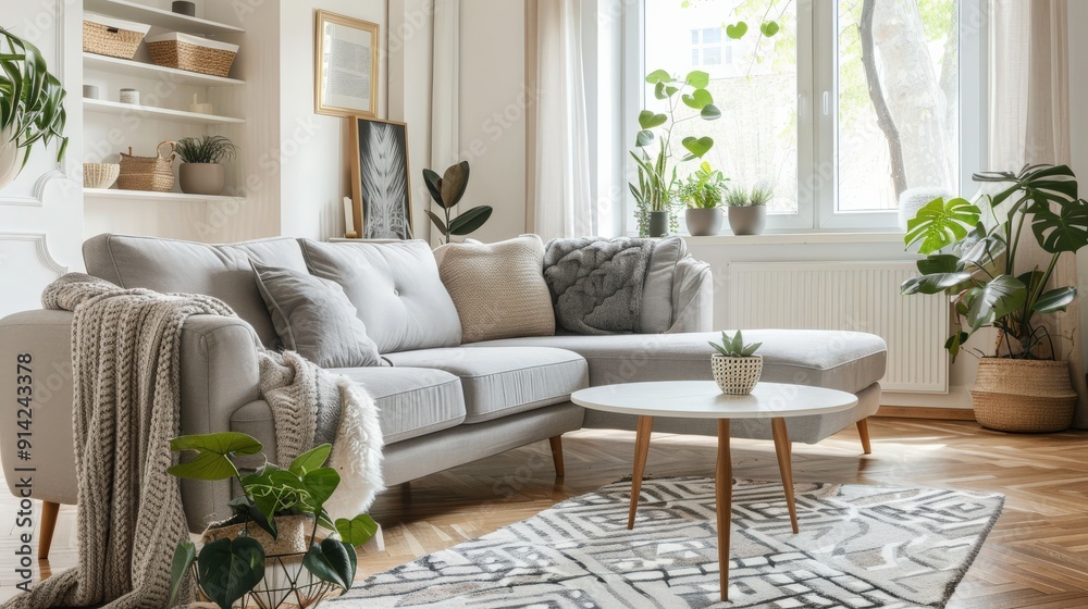Obraz premium A modern living room with a grey sectional sofa, a coffee table, plants, and a rug.