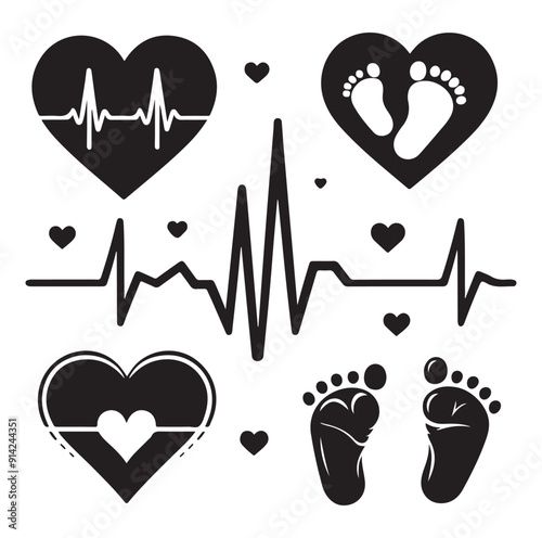 Minimal Set of heart pulse with heart and babys feet vector flat style silhouette vector illustration Design.