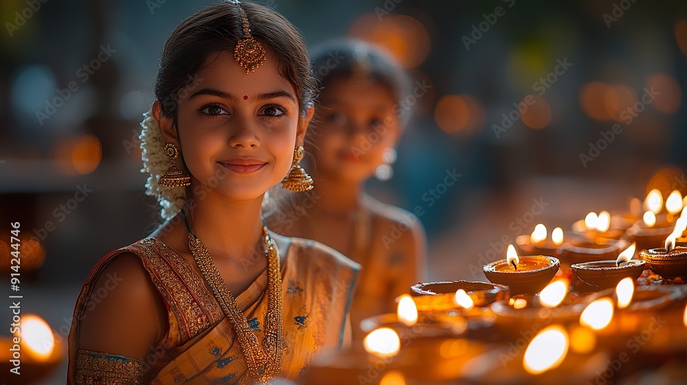 A family performing a Diwali aarti (Prayer Ritual) with lit diyas A family performing a Diwali aarti (Prayer Ritual) with lit diyas