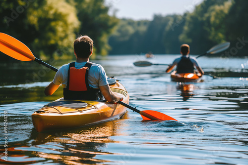 Wallpaper Mural A group of friends kayaking down a tranquil river surrounded by lush, green forest on a sunny day Torontodigital.ca