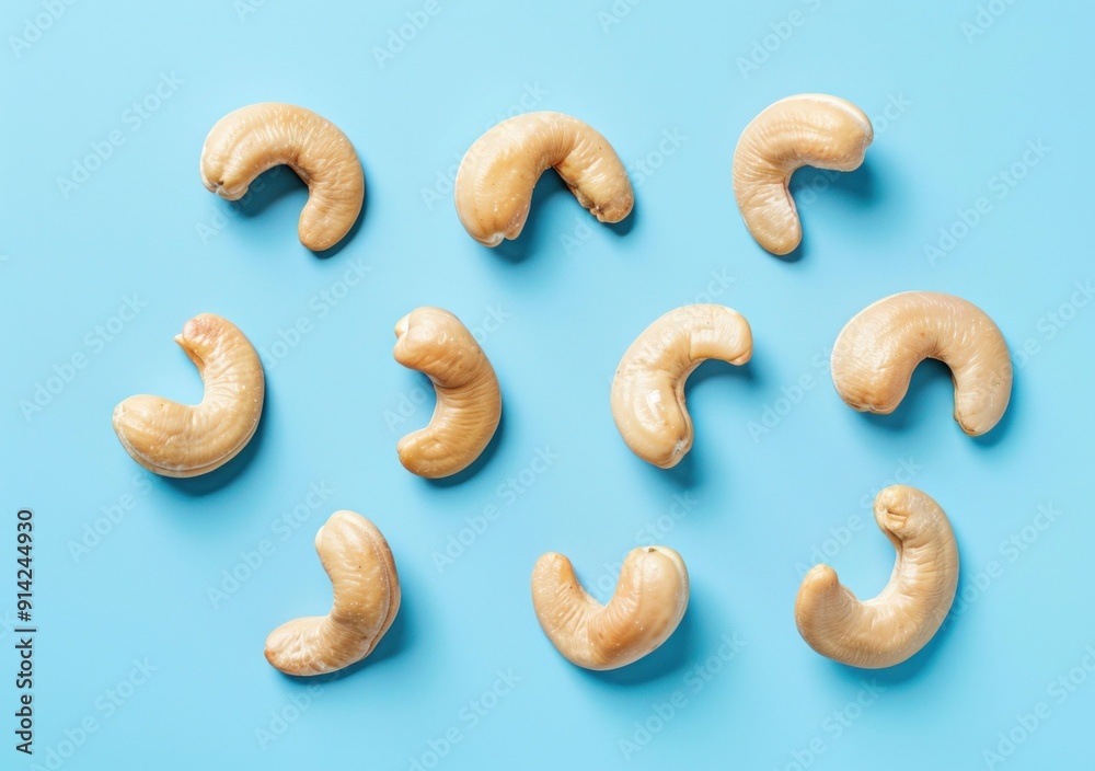 Cashew nuts arranged on a light blue background in a creative pattern