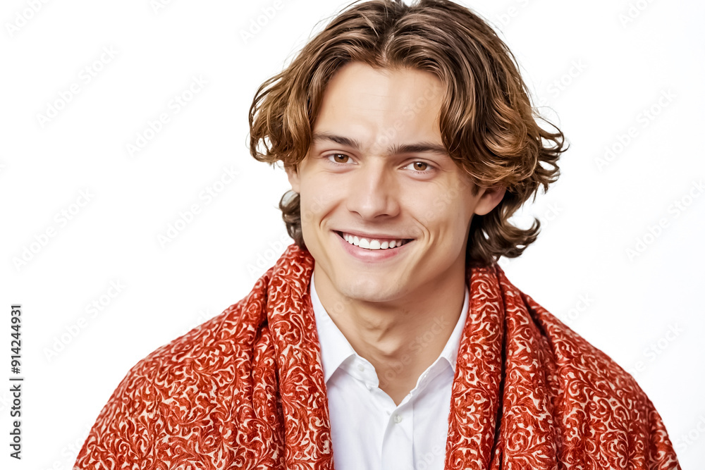 Portrait of a smiling young man wearing a red patterned scarf Portrait of a smiling young man wearing a red patterned scarf