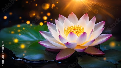 Vibrant lotus flower with glowing effects in tranquil water, symbolizing serenity and purity. Generative AI