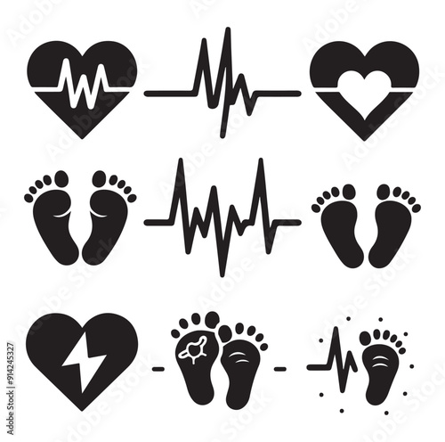 Minimal Set of heart pulse with heart and babys feet vector flat style silhouette vector illustration Design.