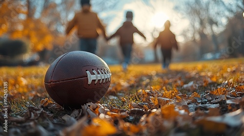 A family playing a game of touch football in the yard after Thanksgiving dinner photo