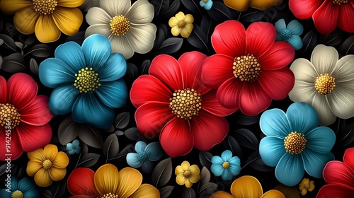 A stunning floral design featuring a variety of large, vividly colored flowers in shades of red, blue, orange, and yellow against a dark, textured background. 