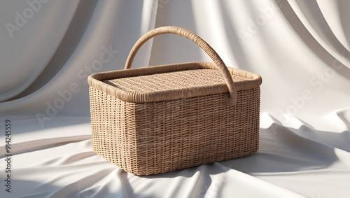 a high-quality, photorealistic image of a woven rattan basket with a rectangular volume shape