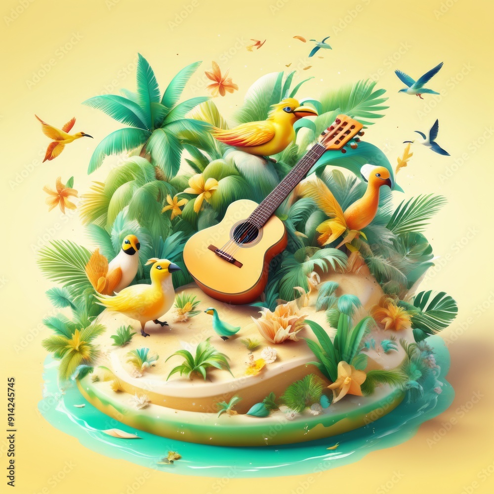 Naklejka premium A colorful tropical island showcases exotic birds, flowers, and a guitar amid lush greenery, inviting a sense of relaxation and adventure
