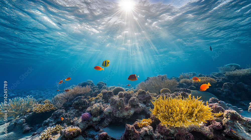 Naklejka premium Vibrant coral reef teeming with colorful fish under sunlight in clear blue water