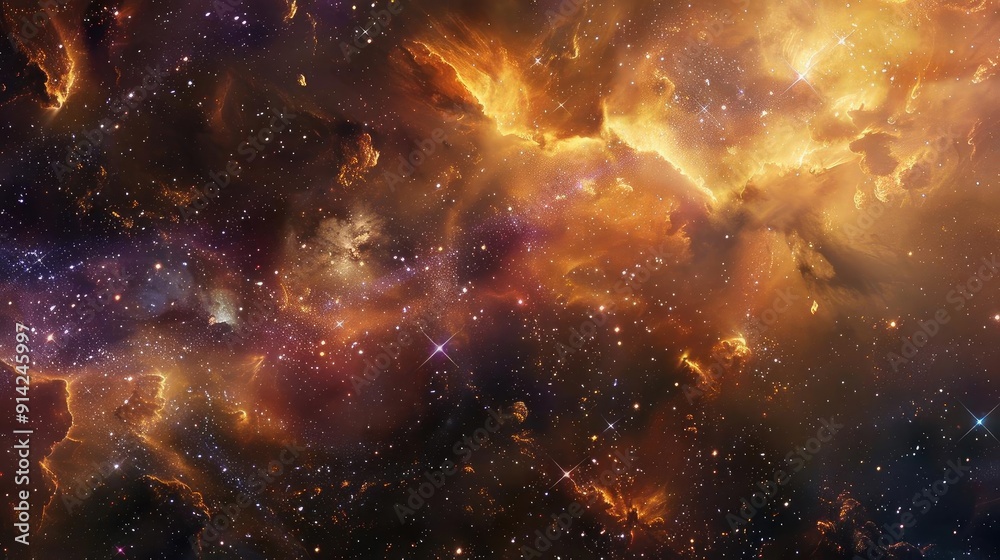 Naklejka premium A vibrant cosmic scene filled with colorful nebulae, stars, and swirling gases, evoking the mystery of the universe.