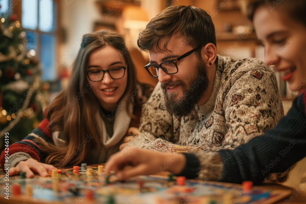 Fototapeta premium A cheerful group of friends enjoying a fun-filled evening playing board games together indoors