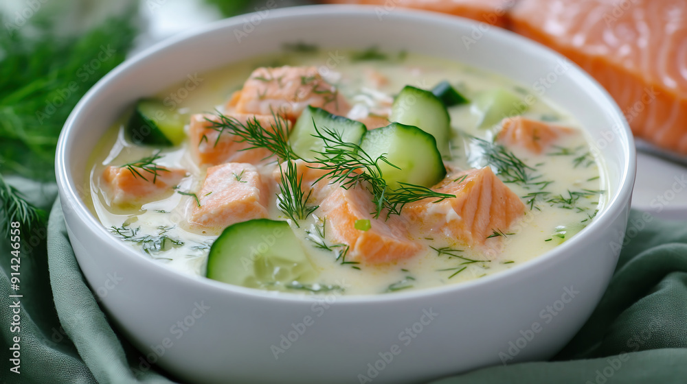 A bowl of salmon chowder with cucumber and dill, placed on top of green cloths and next to it is some fresh fish fillet. The background color should be white or light blue. This photo will make an att A bowl of salmon chowder with cucumber and dill, placed on top of green cloths and next to it is some fresh fish fillet. The background color should be white or light blue. This photo will make an att