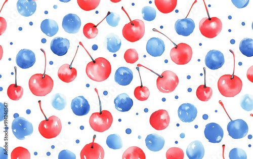 Cherries dance in red and blue polka dots on a white watercolor canvas.