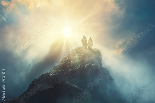 Jesus transfigured on a mountain, glowing with divine light, accompanied by two disciples