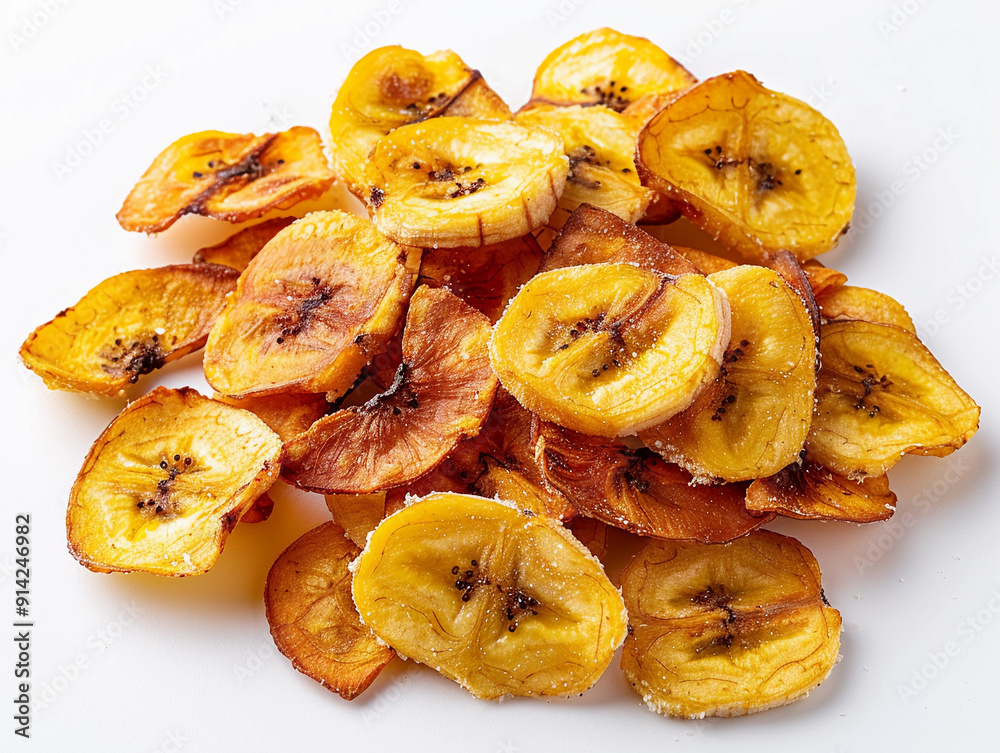 Dehydrated Banana Chips Displayed on White Background With Natural Color and Texture Dehydrated Banana Chips Displayed on White Background With Natural Color and Texture