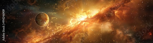 A stunning cosmic scene featuring a glowing nebula and celestial bodies in deep space, radiating vibrant colors and endless beauty.