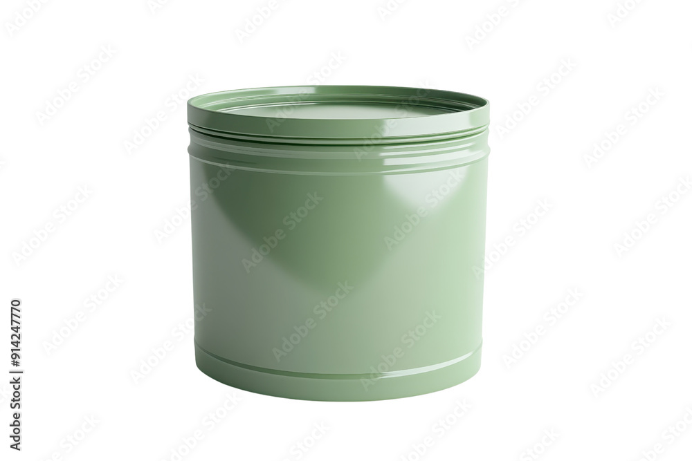 A green cylindrical metal tin with a lid, suitable for storing various items. Isolated on a transparent background. for versatility. A green cylindrical metal tin with a lid, suitable for storing various items. Isolated on a transparent background. for versatility.