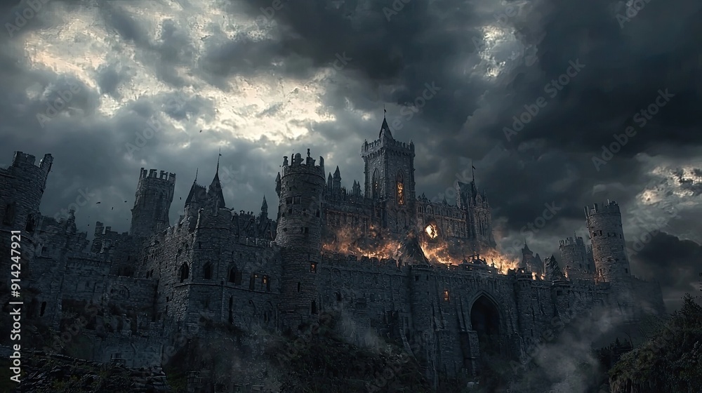 Fototapeta premium Gothic castle with tall spires, dark walls, and black fog, under a stormy grayish-blue sky with lightning. Long stone path leads to an abandoned fortress in a fantasy art style.