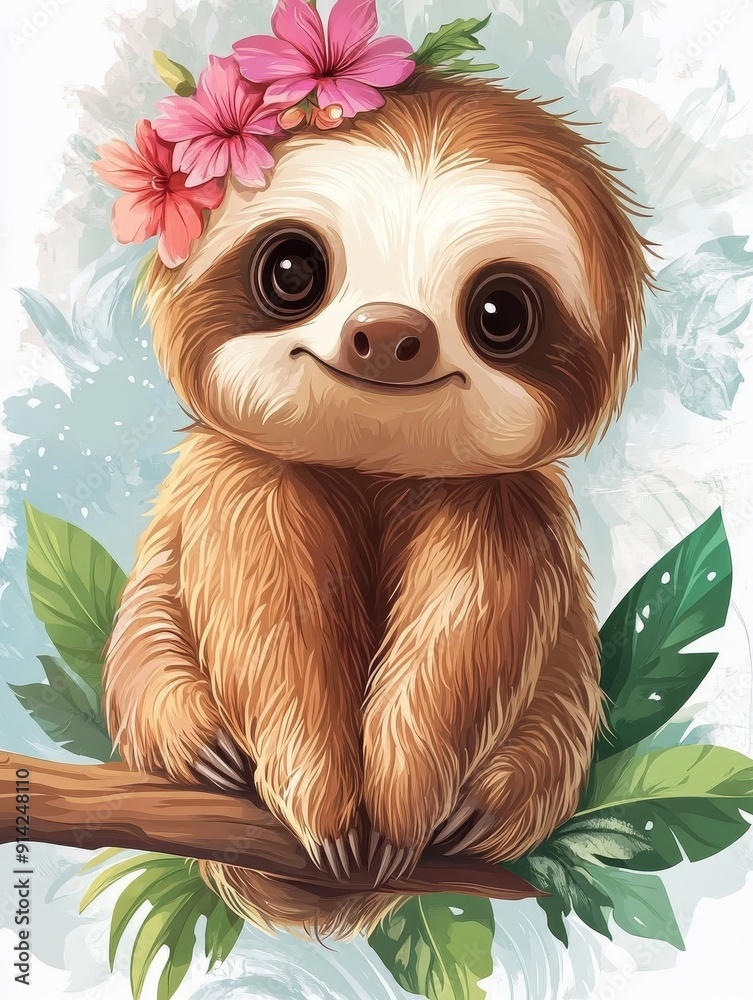 Obraz premium Cute Sloth with Flowers on a Branch